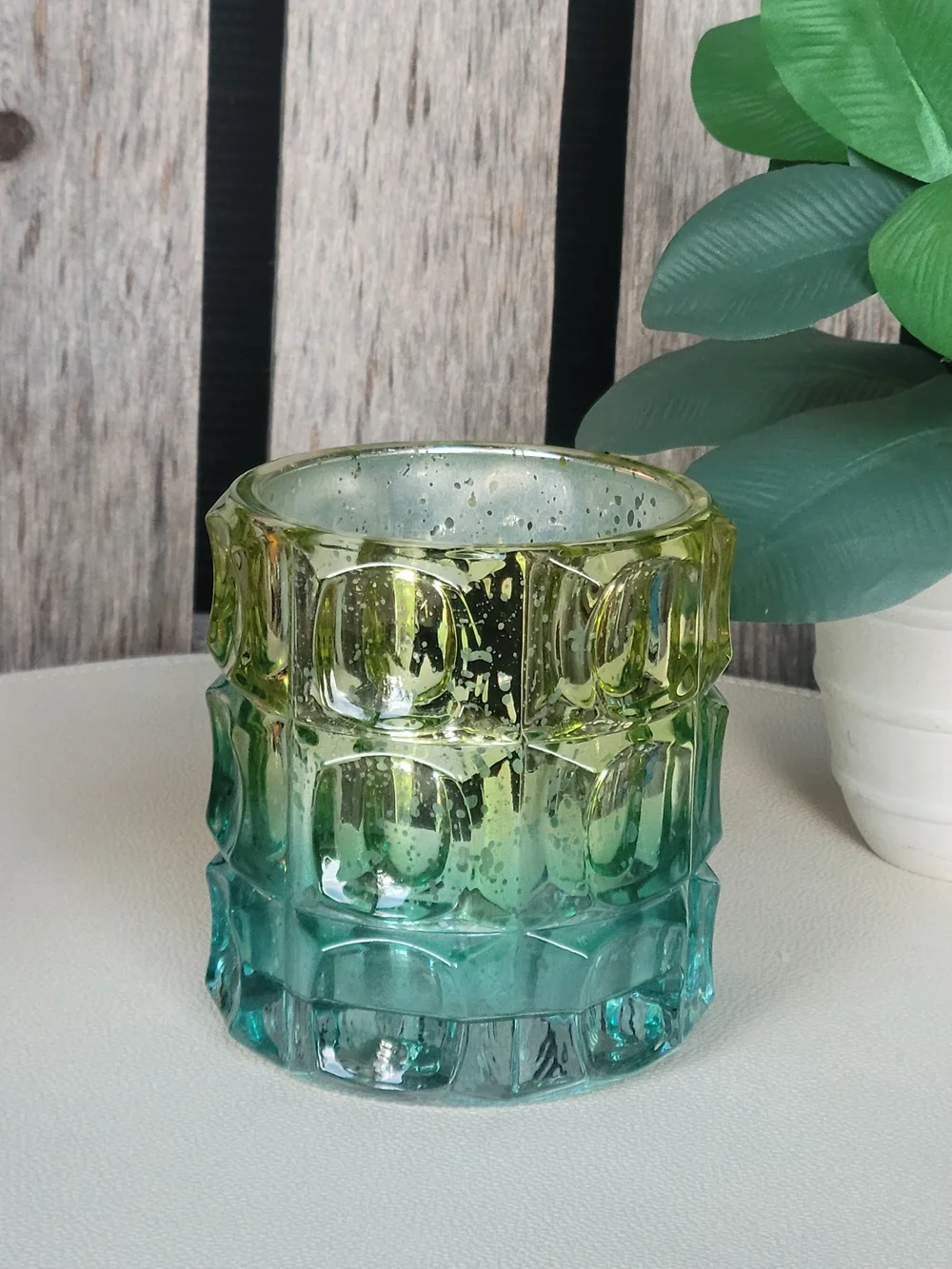Green to Turquoise Ombre Textured Glass Candle Holder